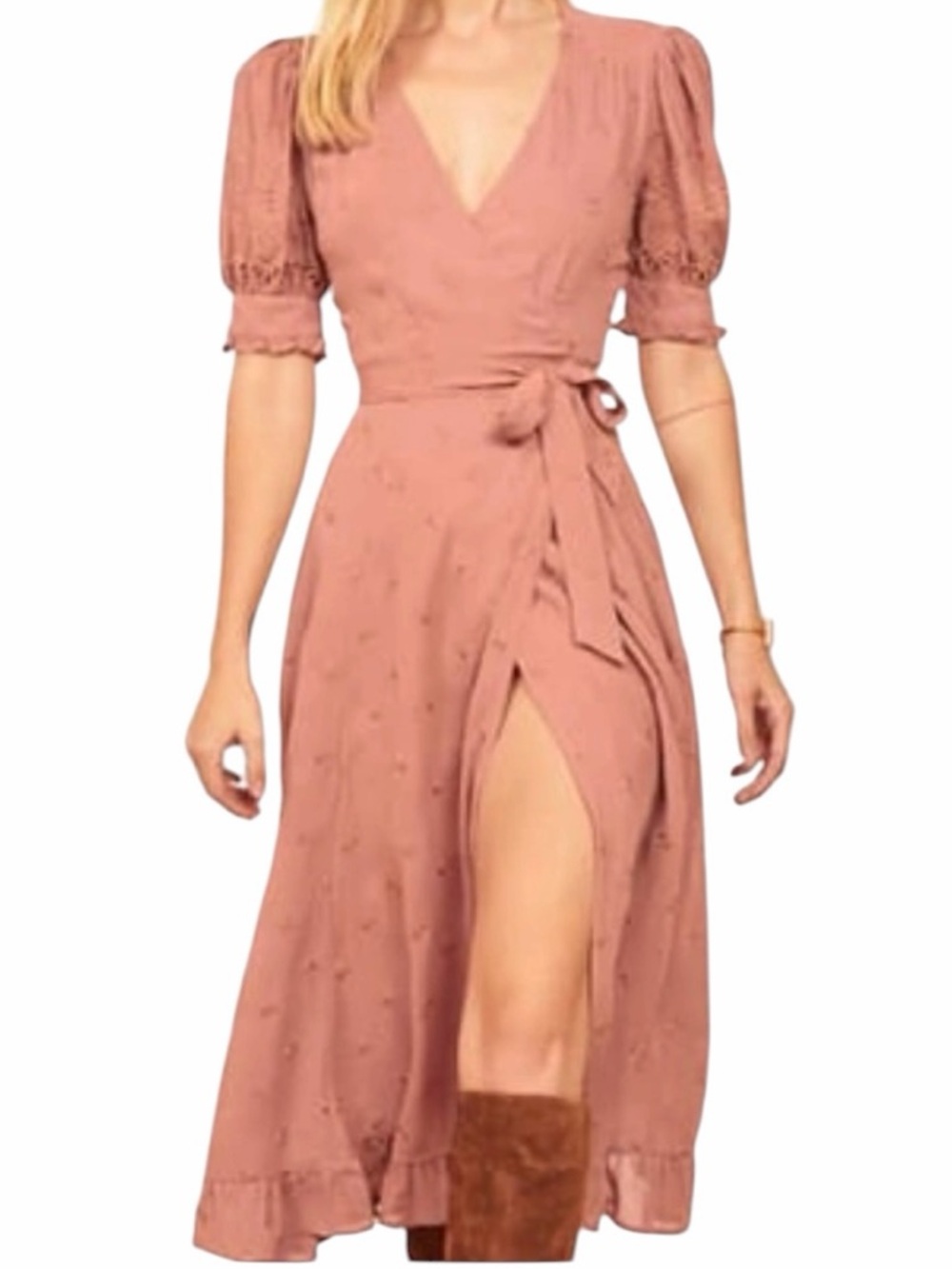 REFORMATION Annalise Wrap Dress Embroidery Rose Pink Praline S - Picture 2 of 5